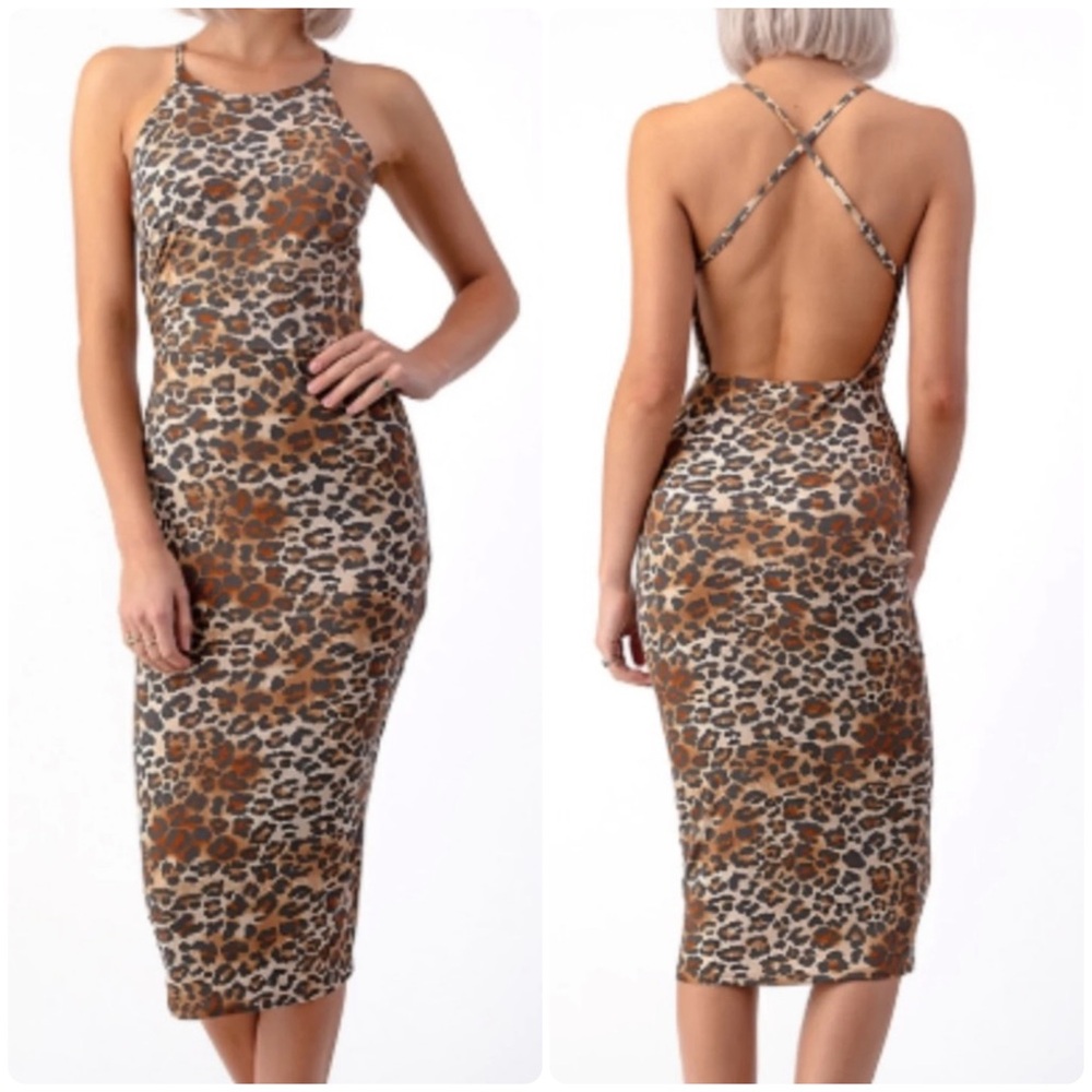 Heart Hips Leopard Print Bodycon Dress Womens Medium Stretch Cross Back Straps